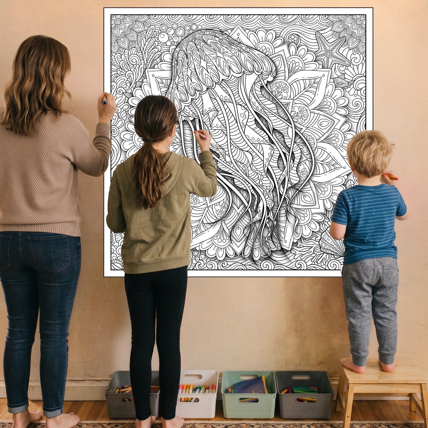 Large Adult Coloring Poster Page Jellyfish Made of Mandala Floral