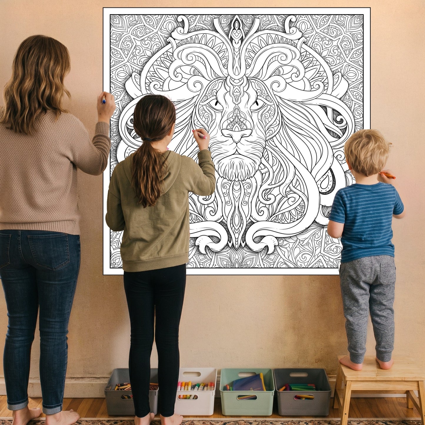 Large Adult Coloring Poster Page Lion Made of Mandala Floral