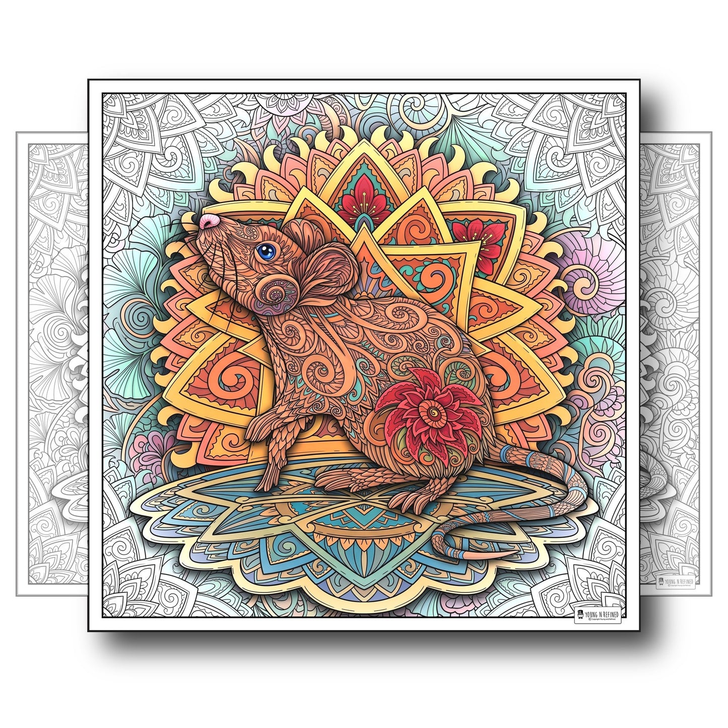 Large Adult Coloring Poster Page Mouse Made of Mandala Floral