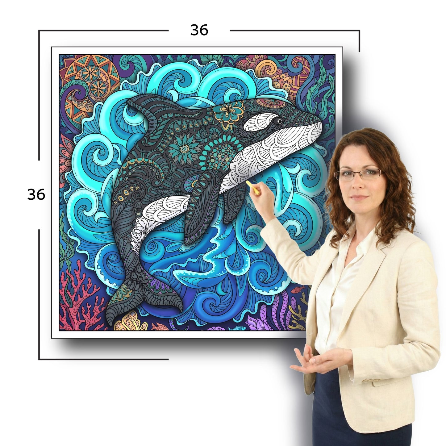 Large Adult Coloring Poster Page Orca Made of Mandala Floral
