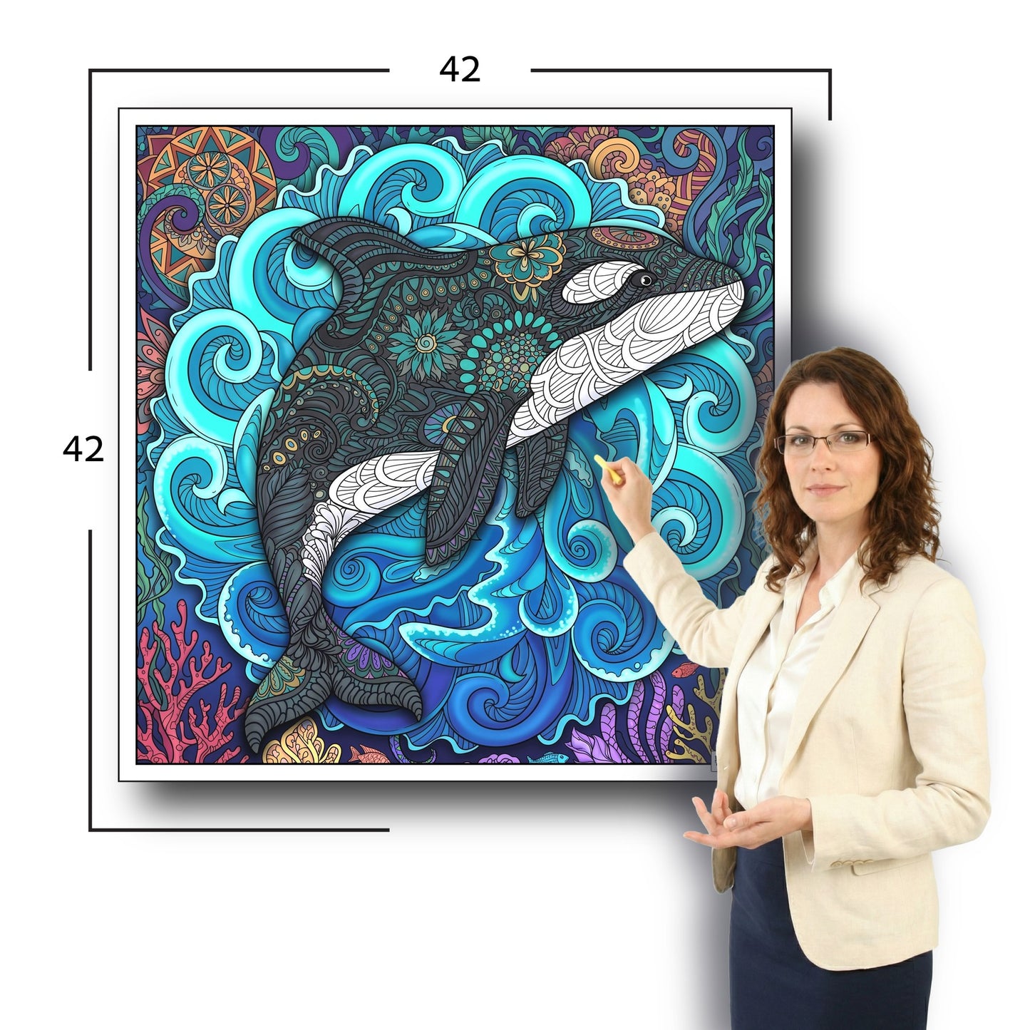 Large Adult Coloring Poster Page Orca Made of Mandala Floral