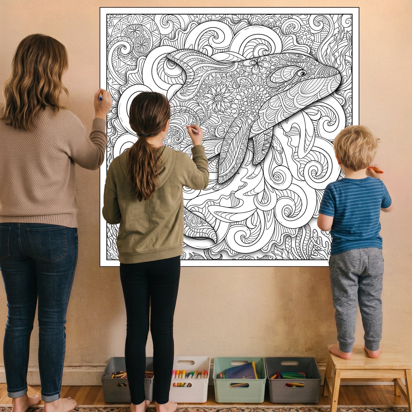 Large Adult Coloring Poster Page Orca Made of Mandala Floral