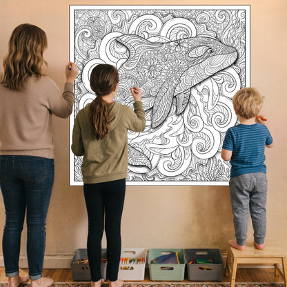 Large Adult Coloring Poster Page Orca Made of Mandala Floral