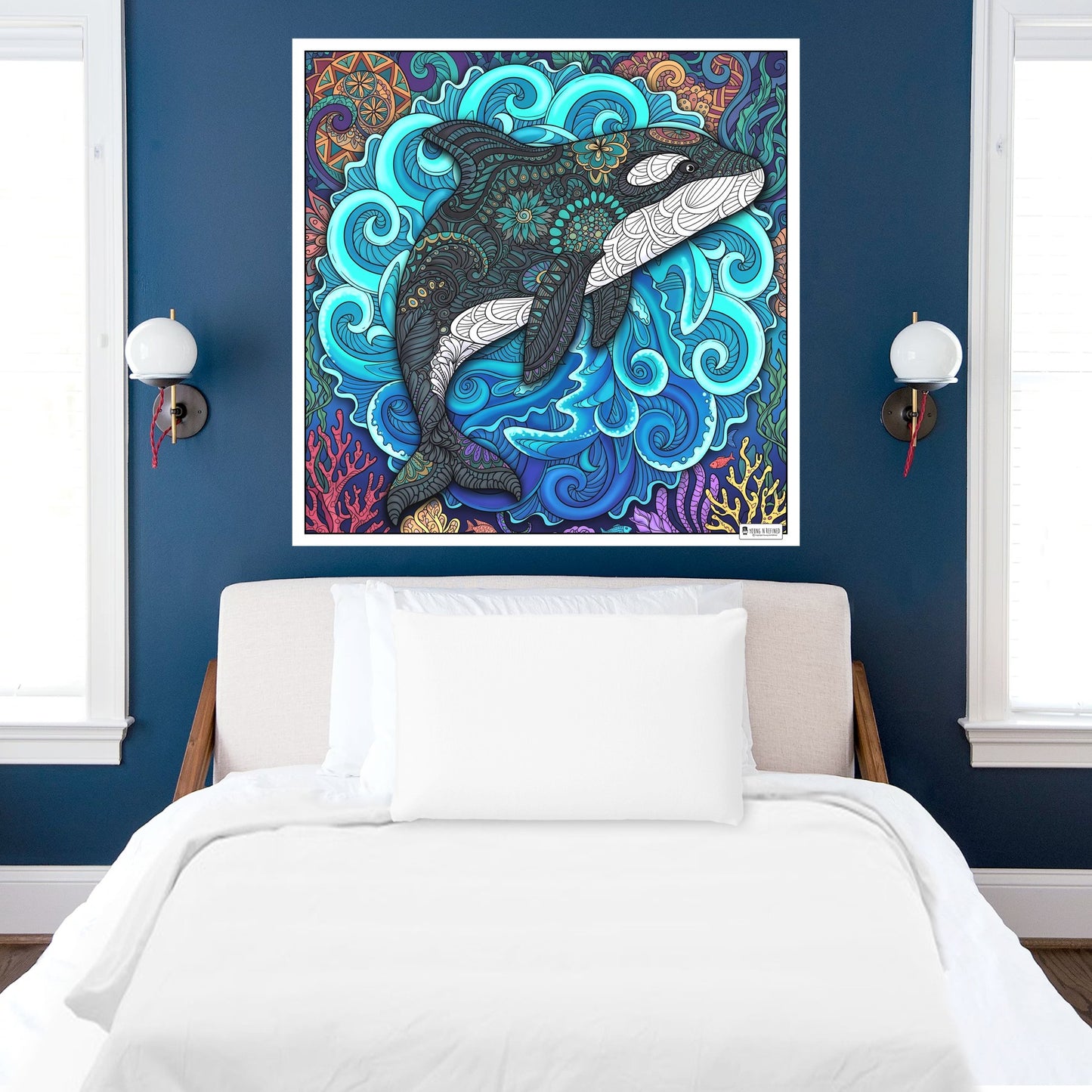 Large Adult Coloring Poster Page Orca Made of Mandala Floral