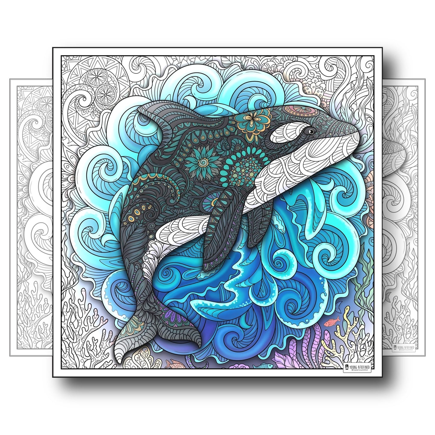 Large Adult Coloring Poster Page Orca Made of Mandala Floral
