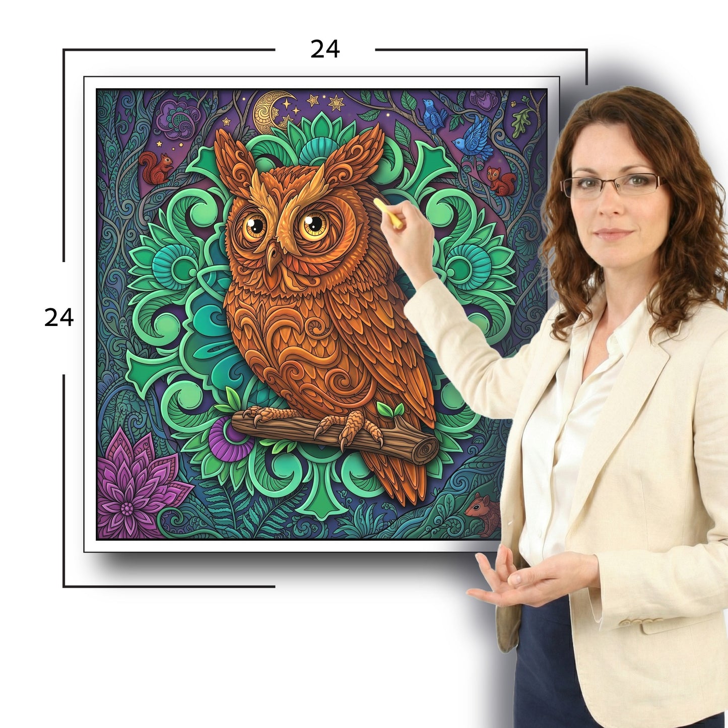 Large Adult Coloring Poster Page Owl Made of Mandala Floral