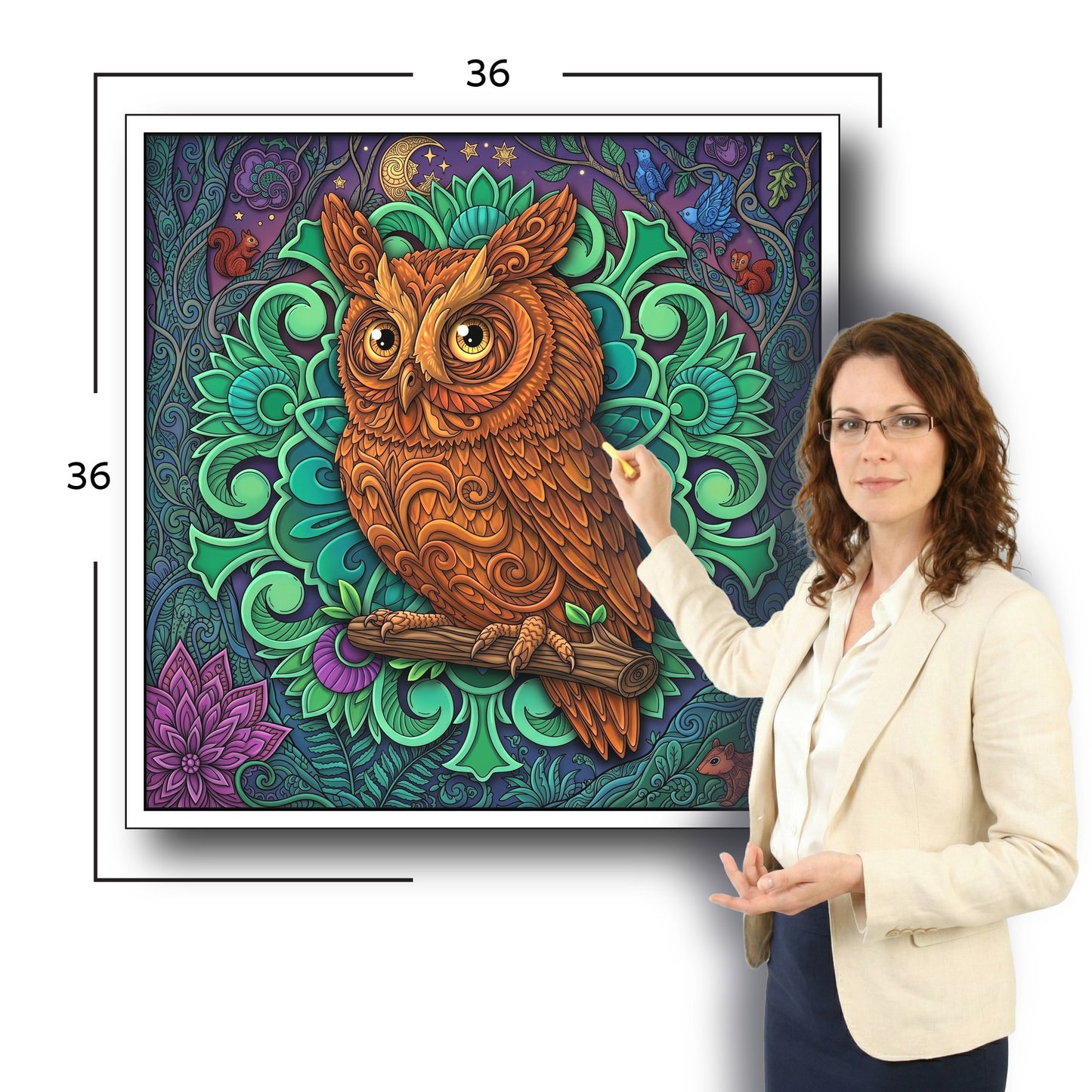 Large Adult Coloring Poster Page Owl Made of Mandala Floral