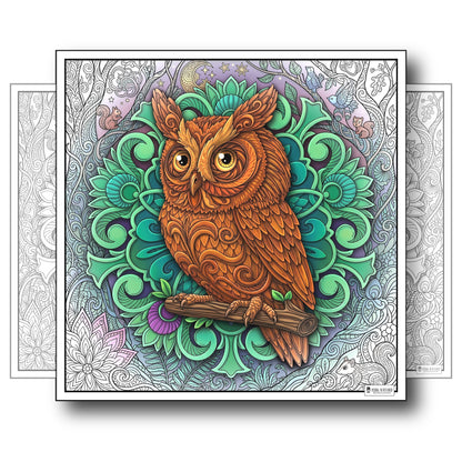 Large Adult Coloring Poster Page Owl Made of Mandala Floral