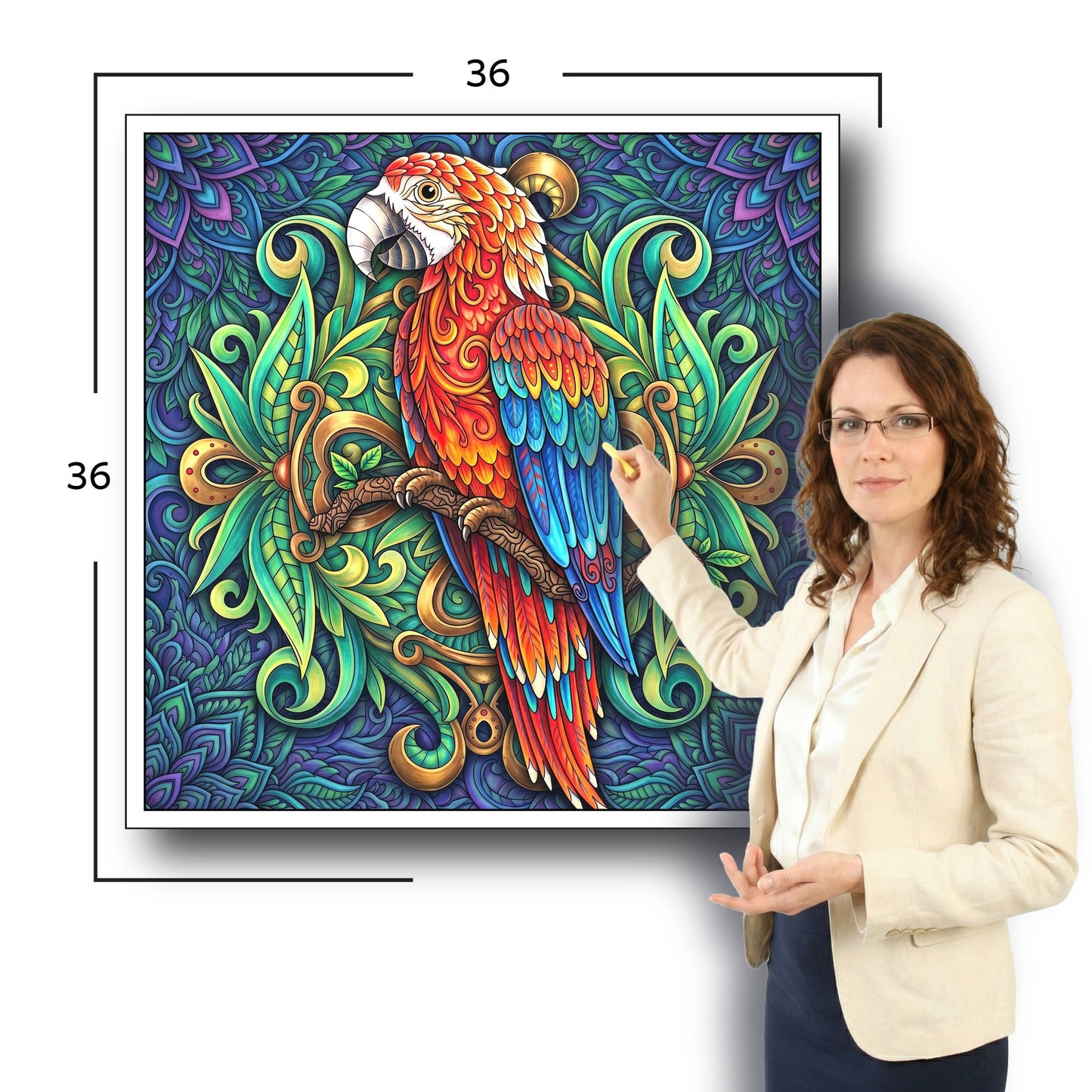 Large Adult Coloring Poster Page Parrot Made of Mandala Floral