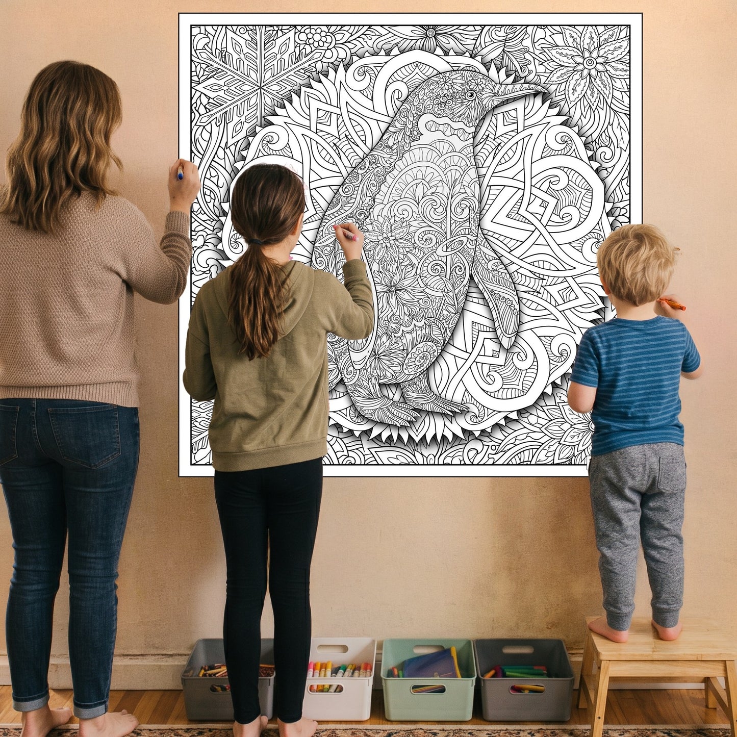 Large Adult Coloring Poster Page Penguin Made of Mandala Floral