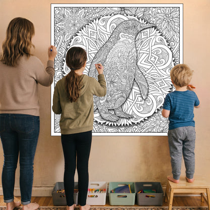Large Adult Coloring Poster Page Penguin Made of Mandala Floral