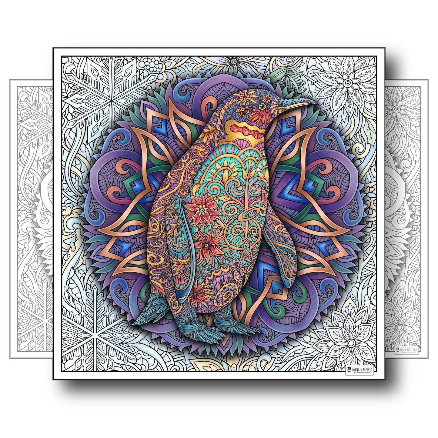 Large Adult Coloring Poster Page Penguin Made of Mandala Floral
