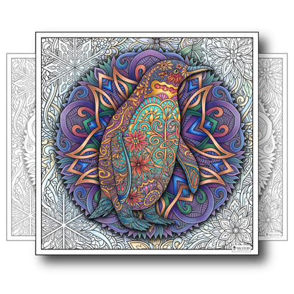 Large Adult Coloring Poster Page Penguin Made of Mandala Floral