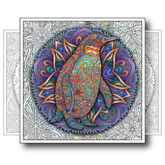 Large Adult Coloring Poster Page Penguin Made of Mandala Floral