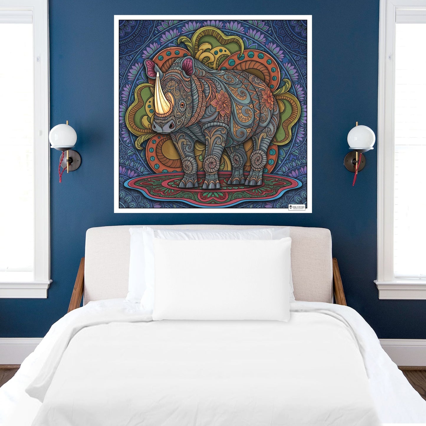 Large Adult Coloring Poster Page Rhino Made of Mandala Floral