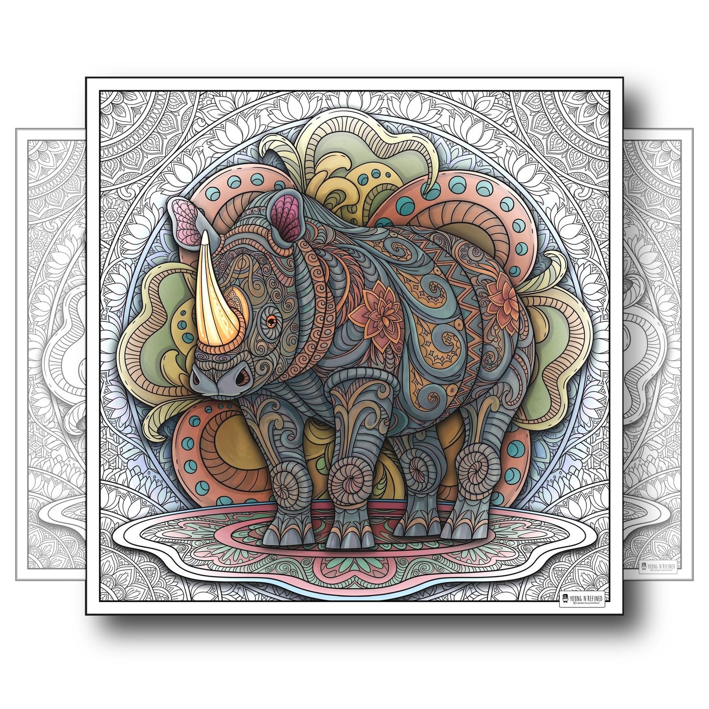 Large Adult Coloring Poster Page Rhino Made of Mandala Floral