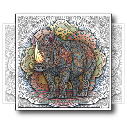 Large Adult Coloring Poster Page Rhino Made of Mandala Floral