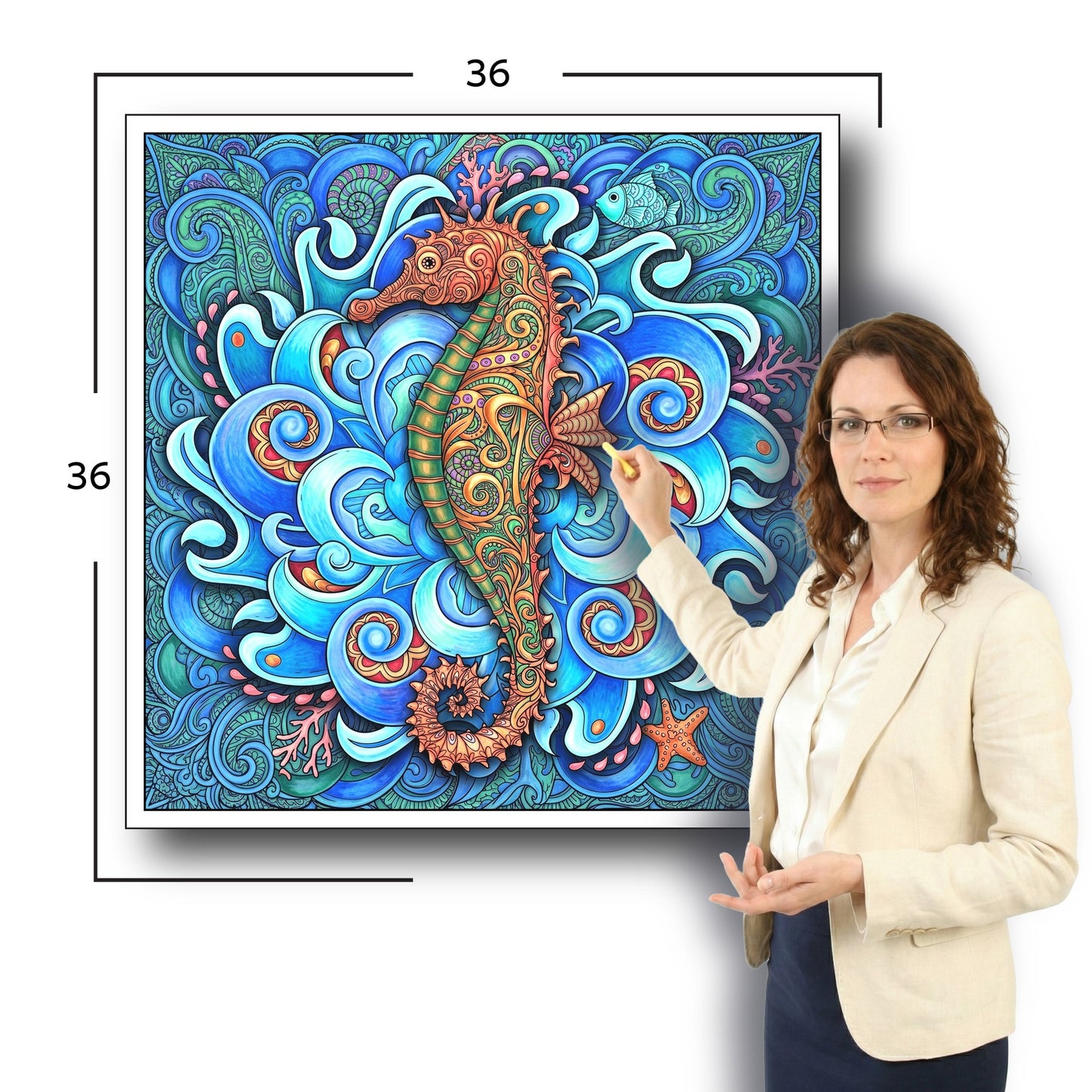 Large Adult Coloring Poster Page Seahorse Made of Mandala Floral