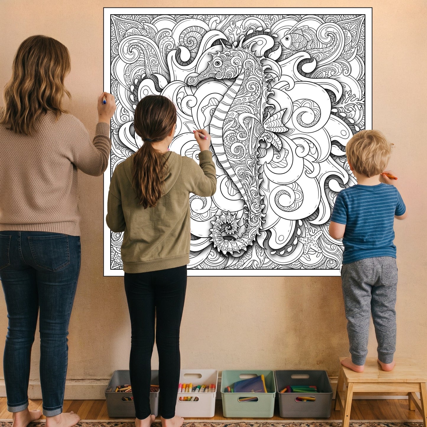 Large Adult Coloring Poster Page Seahorse Made of Mandala Floral