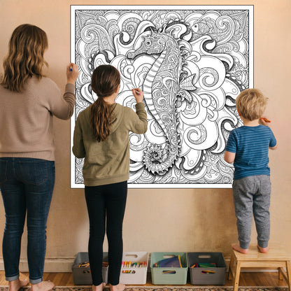 Large Adult Coloring Poster Page Seahorse Made of Mandala Floral