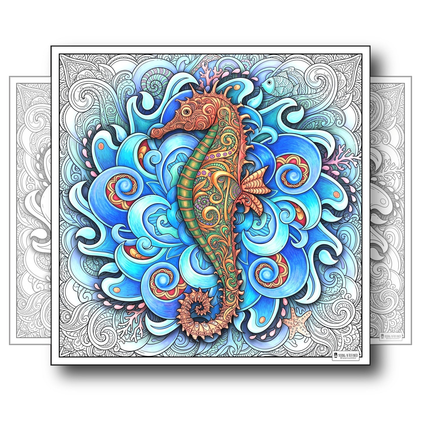 Large Adult Coloring Poster Page Seahorse Made of Mandala Floral