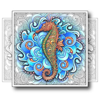 Large Adult Coloring Poster Page Seahorse Made of Mandala Floral