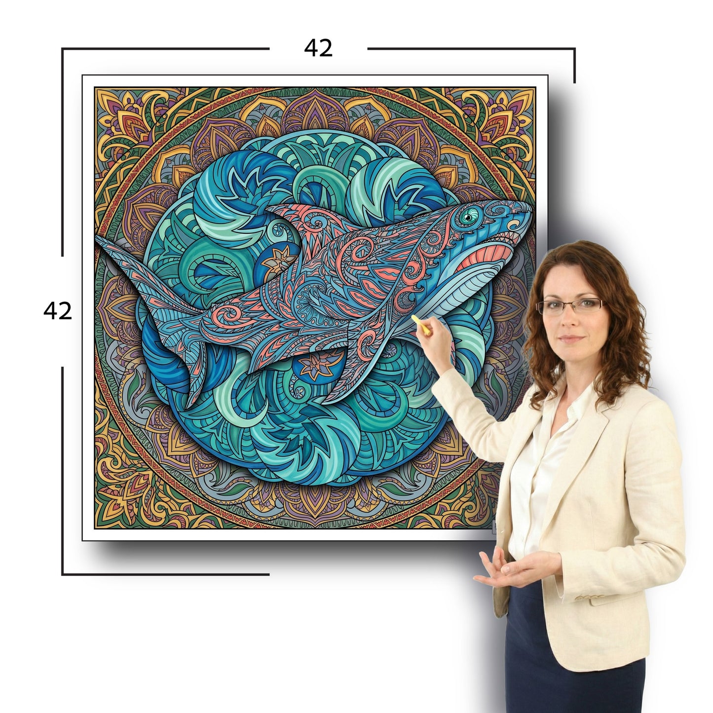 Large Adult Coloring Poster Page Shark Made of Mandala Floral