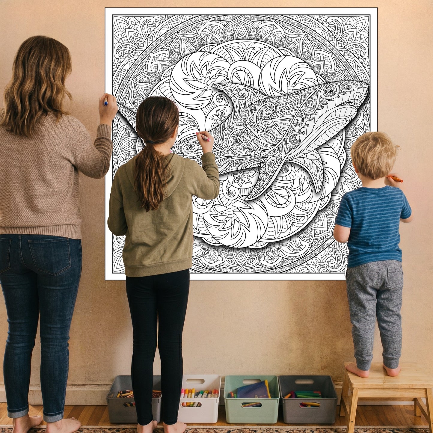 Large Adult Coloring Poster Page Shark Made of Mandala Floral