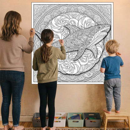 Large Adult Coloring Poster Page Shark Made of Mandala Floral