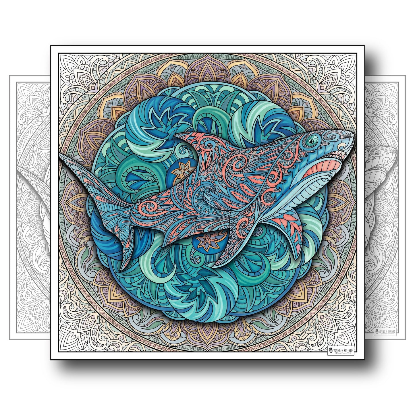 Large Adult Coloring Poster Page Shark Made of Mandala Floral
