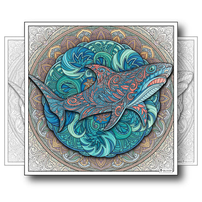 Large Adult Coloring Poster Page Shark Made of Mandala Floral