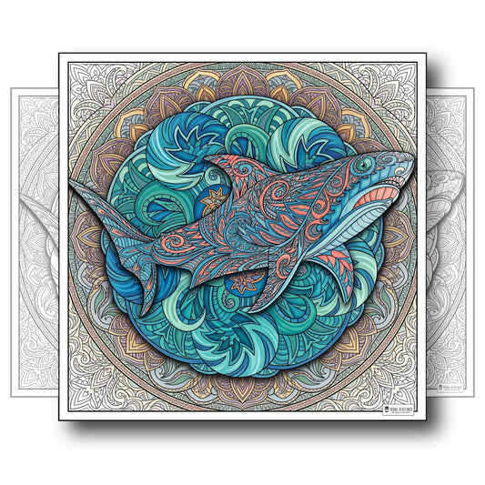 Large Adult Coloring Poster Page Shark Made of Mandala Floral