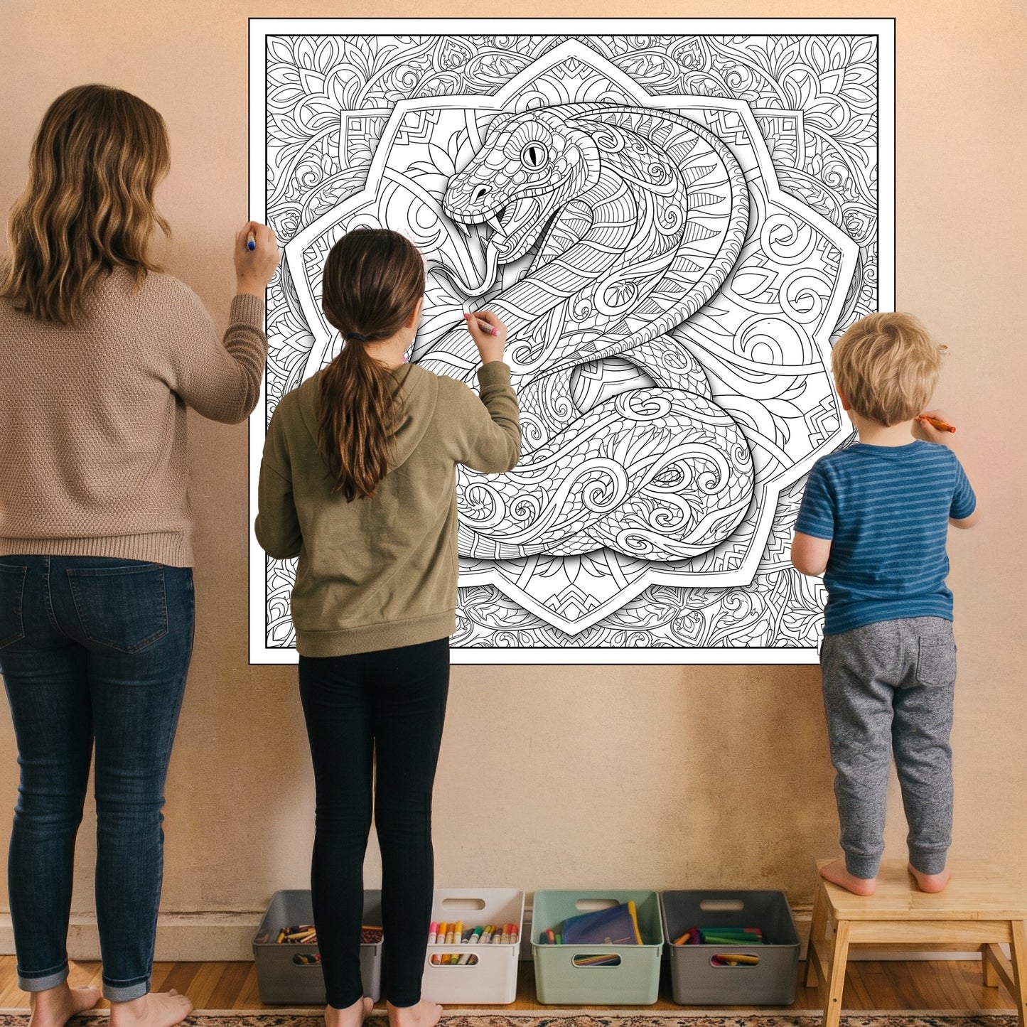 Large Adult Coloring Poster Page Snake Made of Mandala Floral
