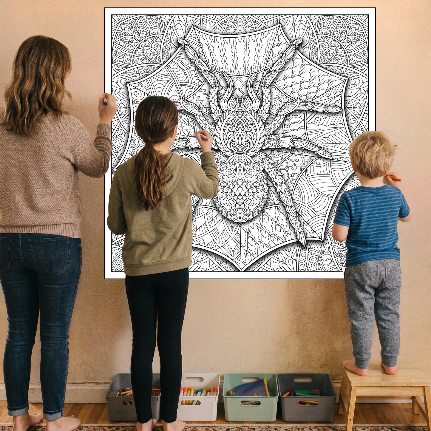 Large Adult Coloring Poster Page Spider Made of Mandala Floral