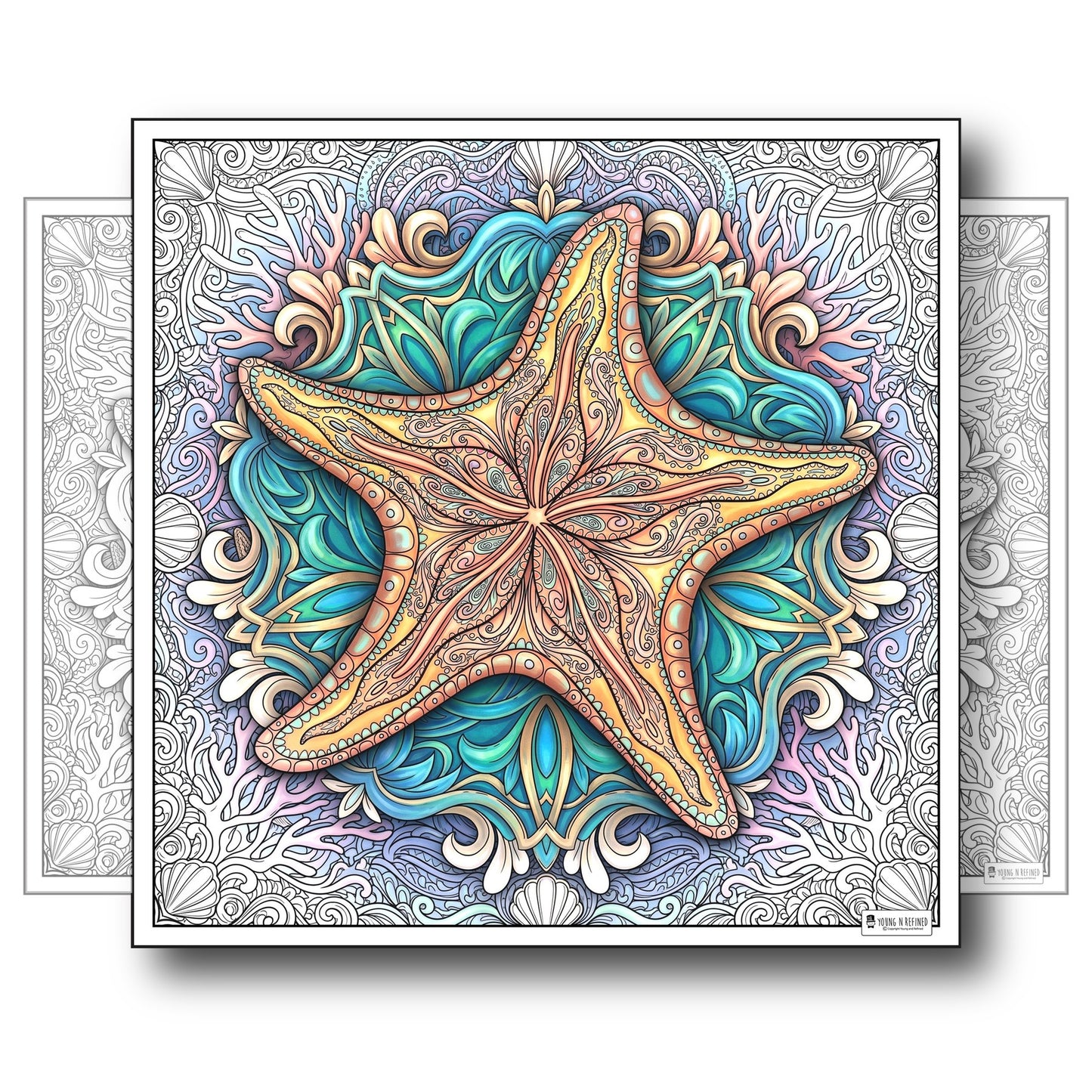 Large Adult Coloring Poster Page Starfish Made of Mandala Floral