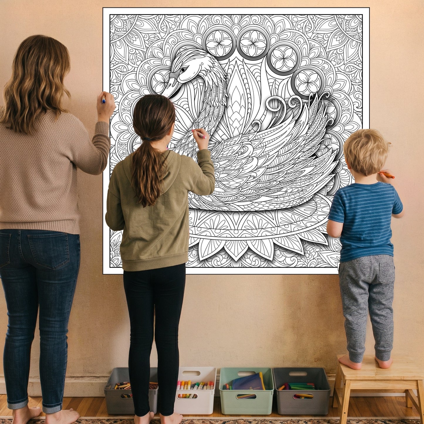 Large Adult Coloring Poster Page Swan Made of Mandala Floral