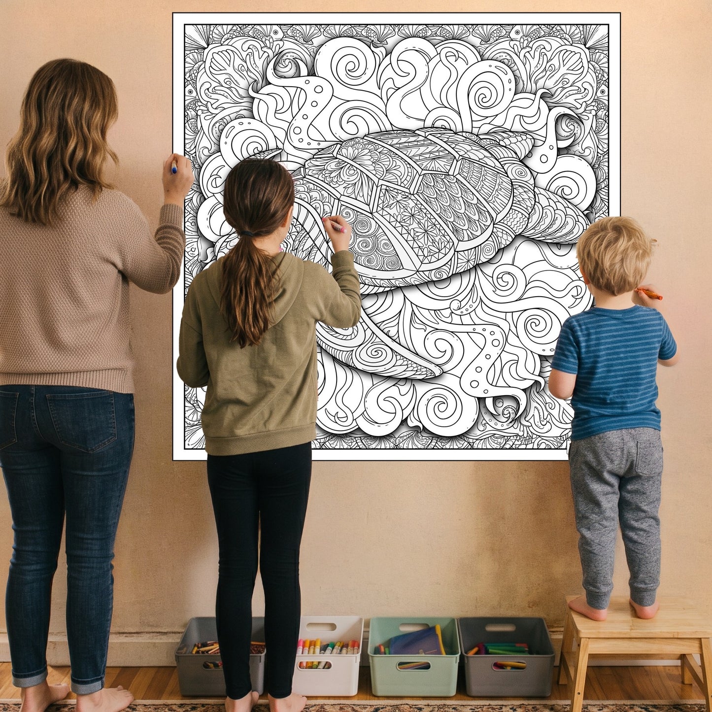 Large Adult Coloring Poster Page Turtle Made of Mandala Floral