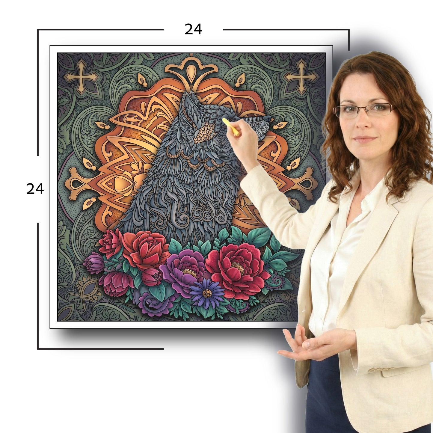Large Adult Coloring Poster Page Wolf Made of Mandala Floral