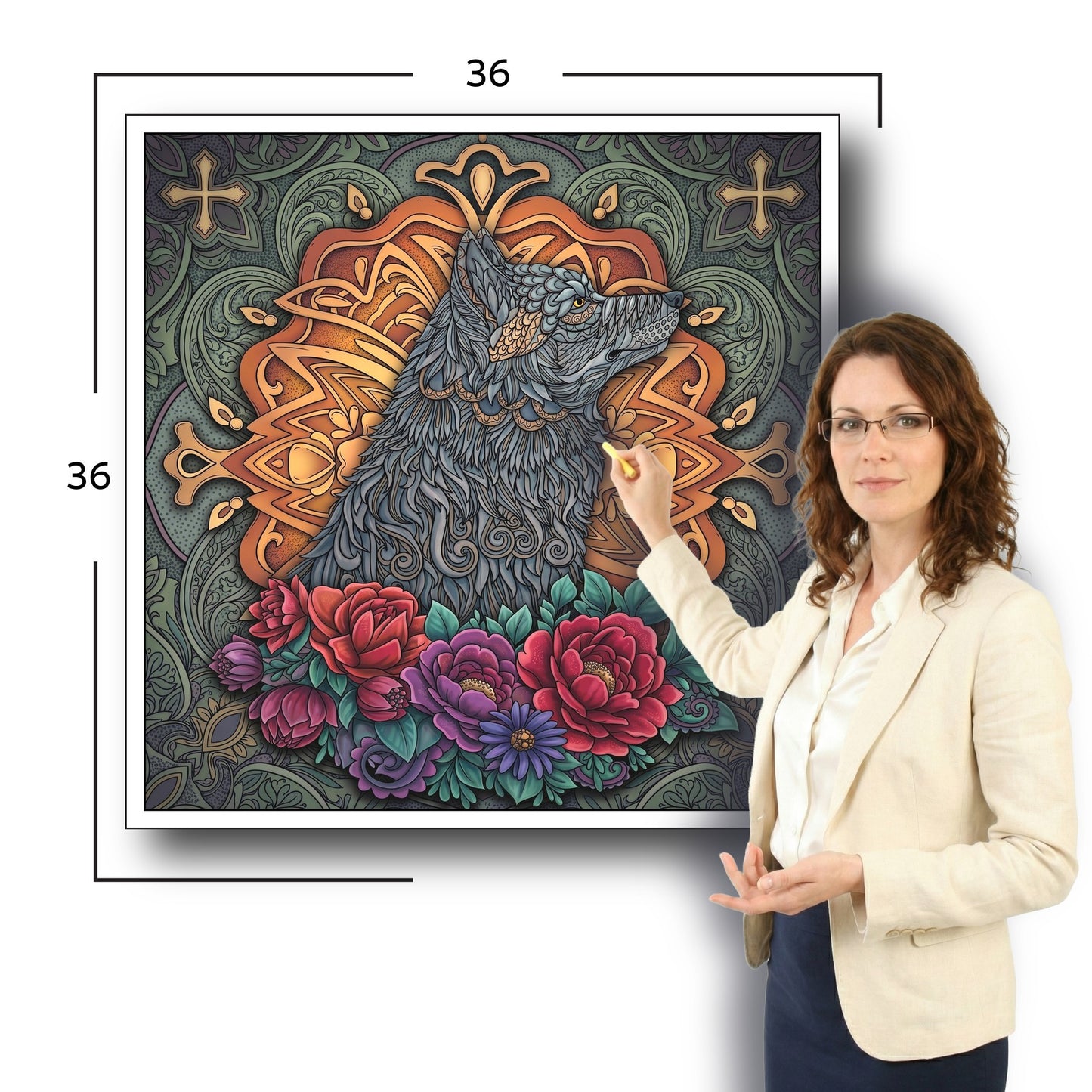 Large Adult Coloring Poster Page Wolf Made of Mandala Floral