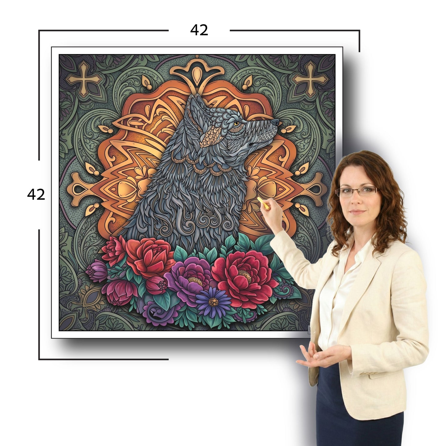 Large Adult Coloring Poster Page Wolf Made of Mandala Floral