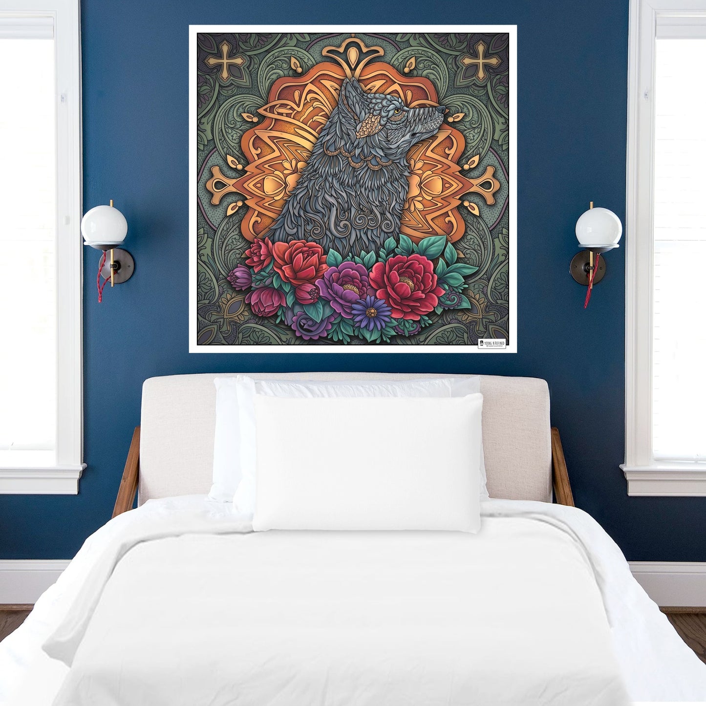 Large Adult Coloring Poster Page Wolf Made of Mandala Floral