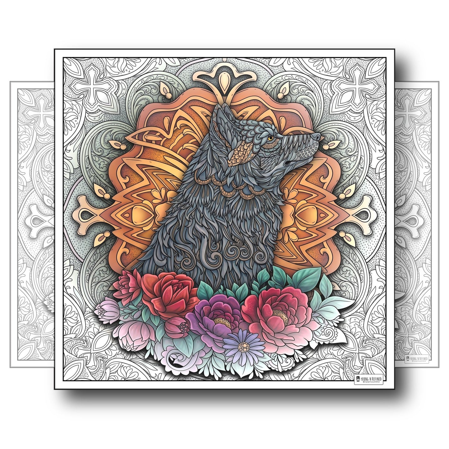 Large Adult Coloring Poster Page Wolf Made of Mandala Floral