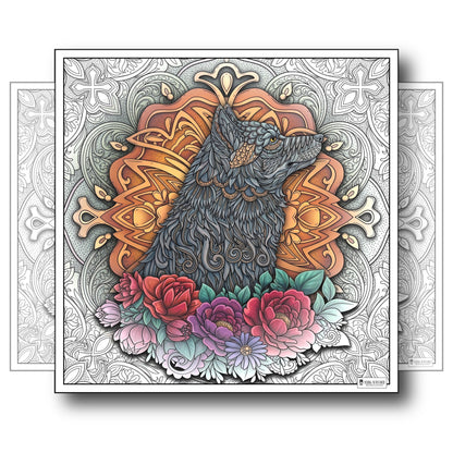 Large Adult Coloring Poster Page Wolf Made of Mandala Floral