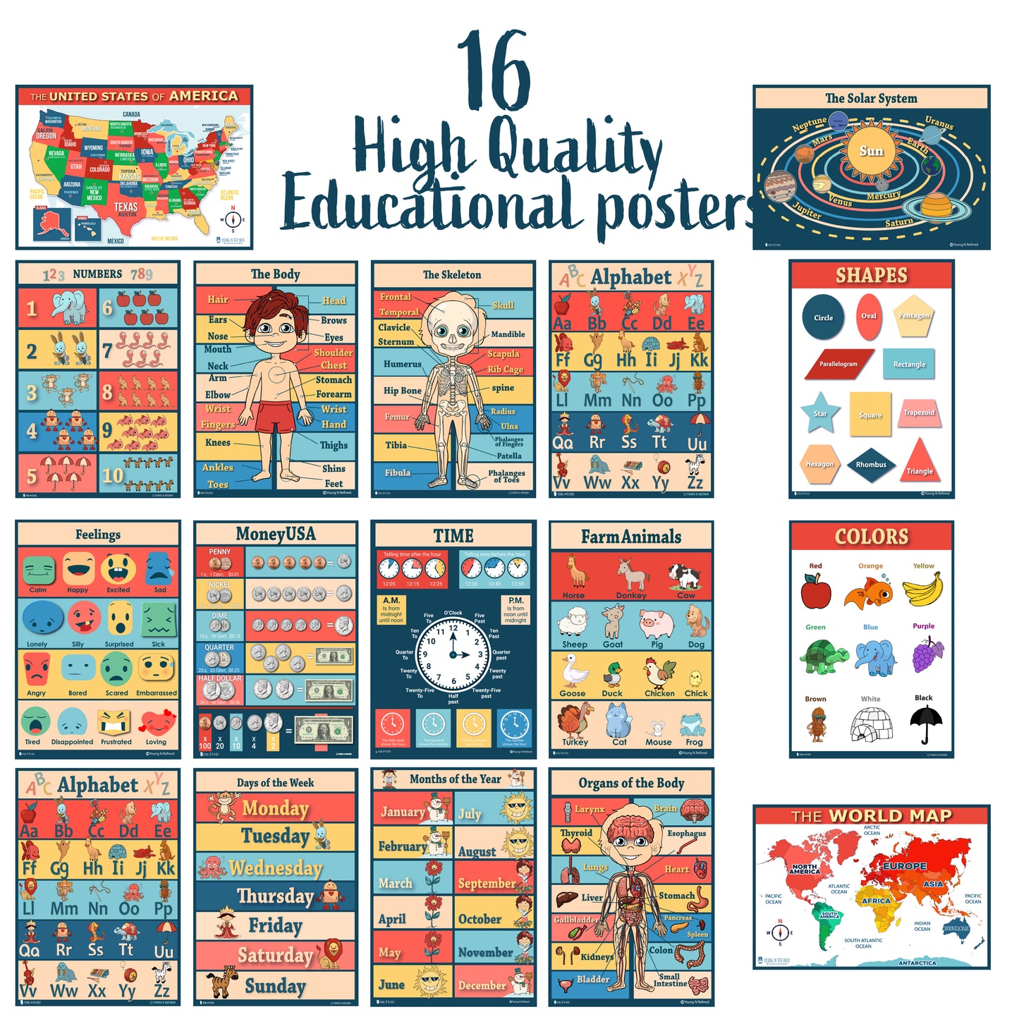 16 Educational poster pack Charts for classrooms early learning Alphabet Abc days of the week poster, shapes poster, counting months of the year poster, learning colors GLOSSY PAPER