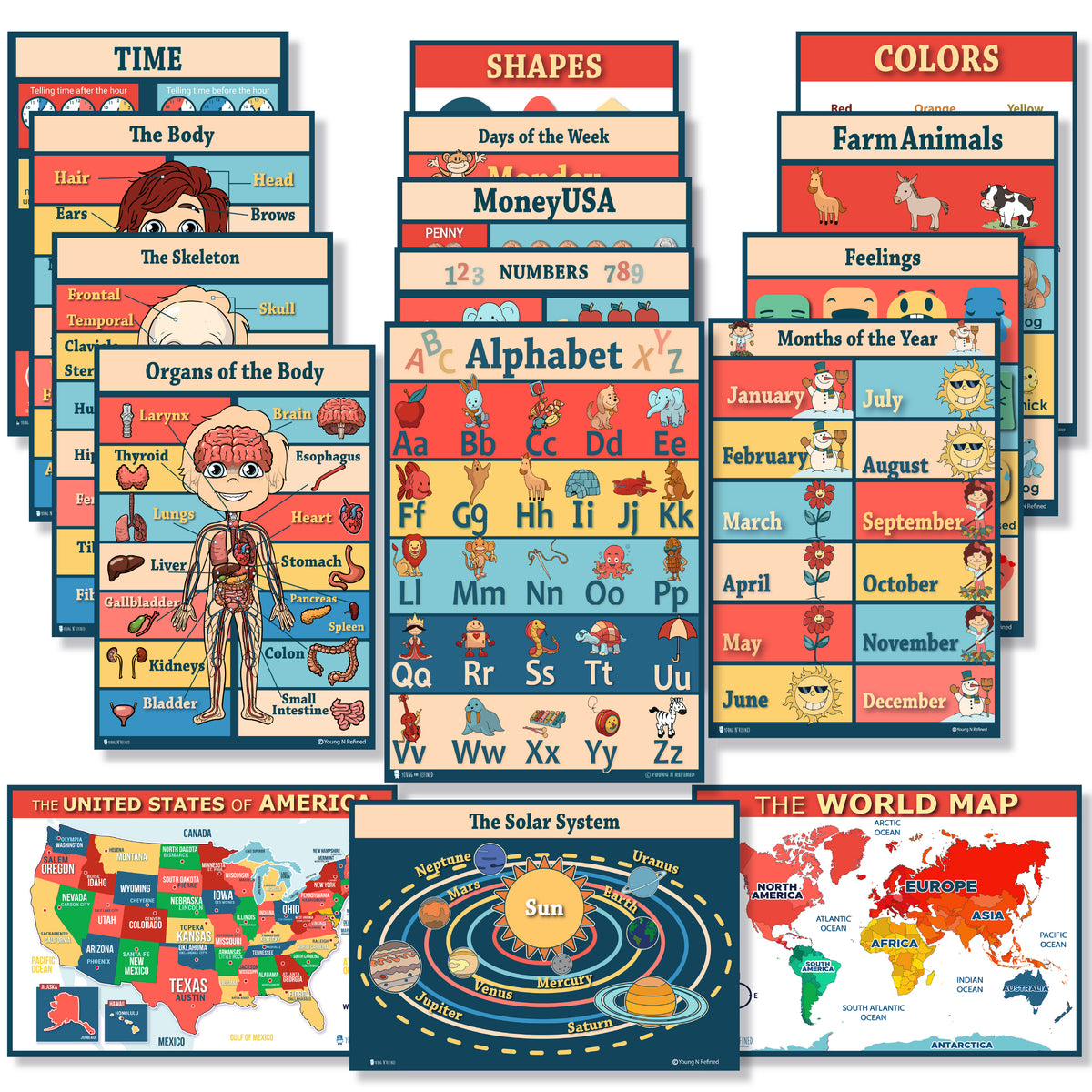 16 Educational poster pack Charts for classrooms early learning Alphab ...