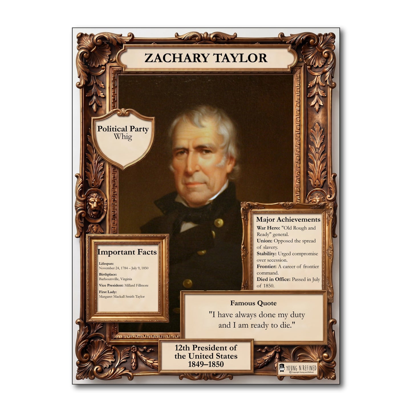 US President Zachary Taylor Inspirational Quote Poster - Young N Refined