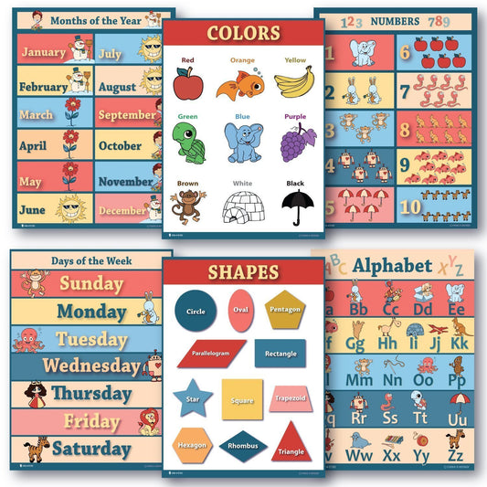 6 Educational Poster Pack Laminated or Gloss Preschool Classroom 18x24 - Young N' Refined