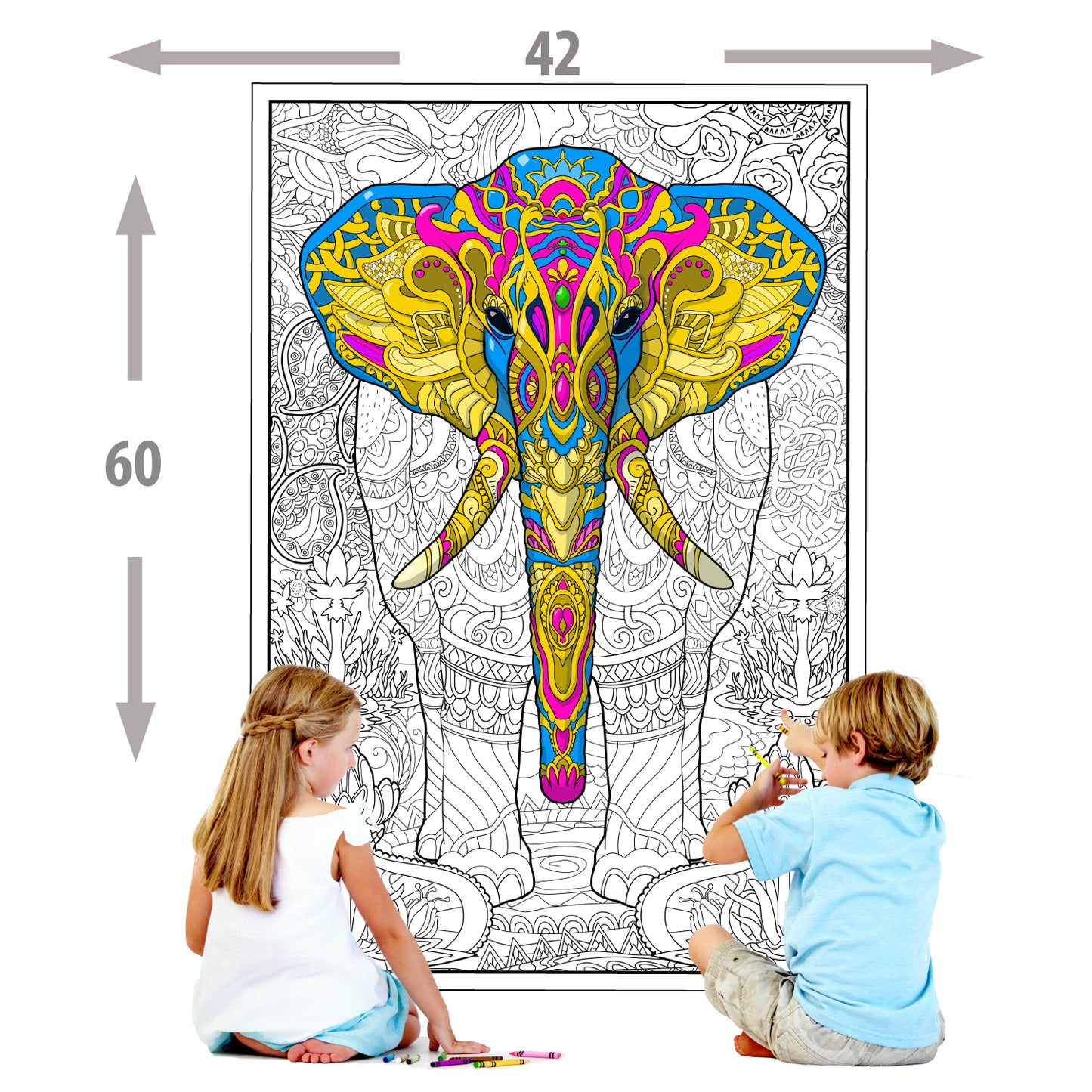 Giant Coloring Poster of Elephant Motif with flowers and mandalas collages Young N Refind