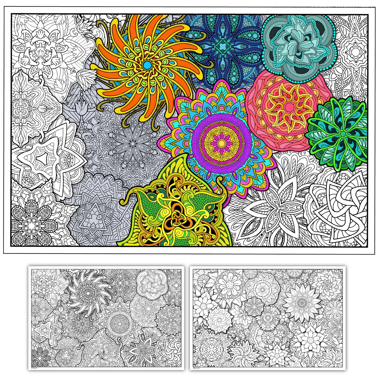 2 Pack of Giant Coloring Posters of Flowers and Mandala collages Young N Refind
