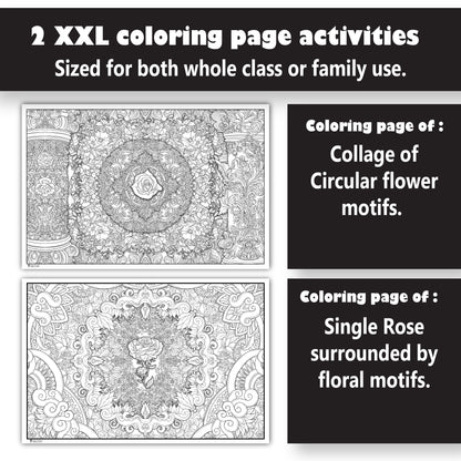 2 Pack of Giant Coloring Posters of Center Rose Among Flower Mandalas Folded Version Young N Refined